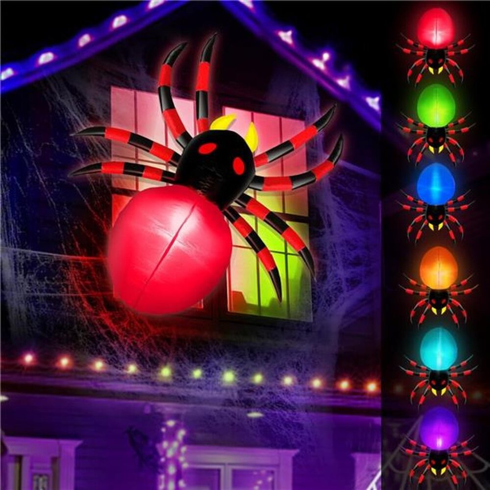 4 Ft Halloween Inflatables Spider Climbing on Window Built-in 6 Color Changing